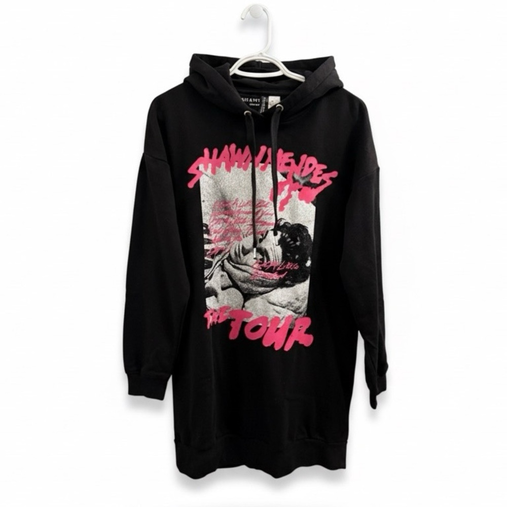 Divided | Shawn Mendes Tour Black Graphic Long Tunic Hoodie Relaxed Fit Pink